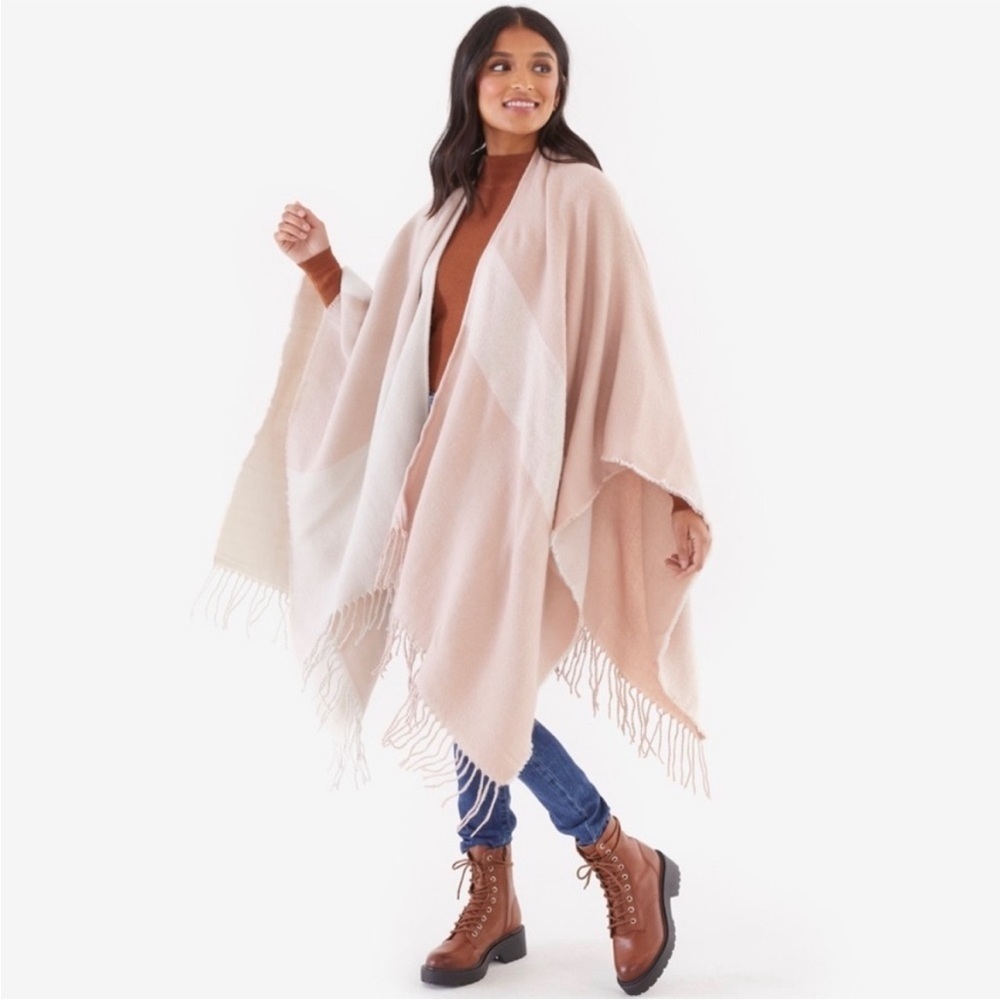 Soia & Kyo Tan/Pink plaid 100% acrylic Shawl/Shrug/Sweater/Scarf